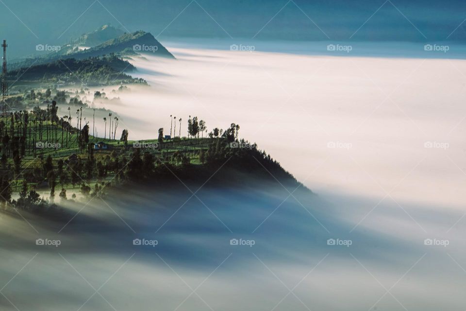 in the morning at Bromo Mount while still covered in fog