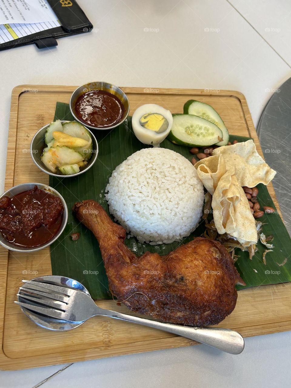 Malaysian  style nasi lemak Aroma pandanus with fried chicken 