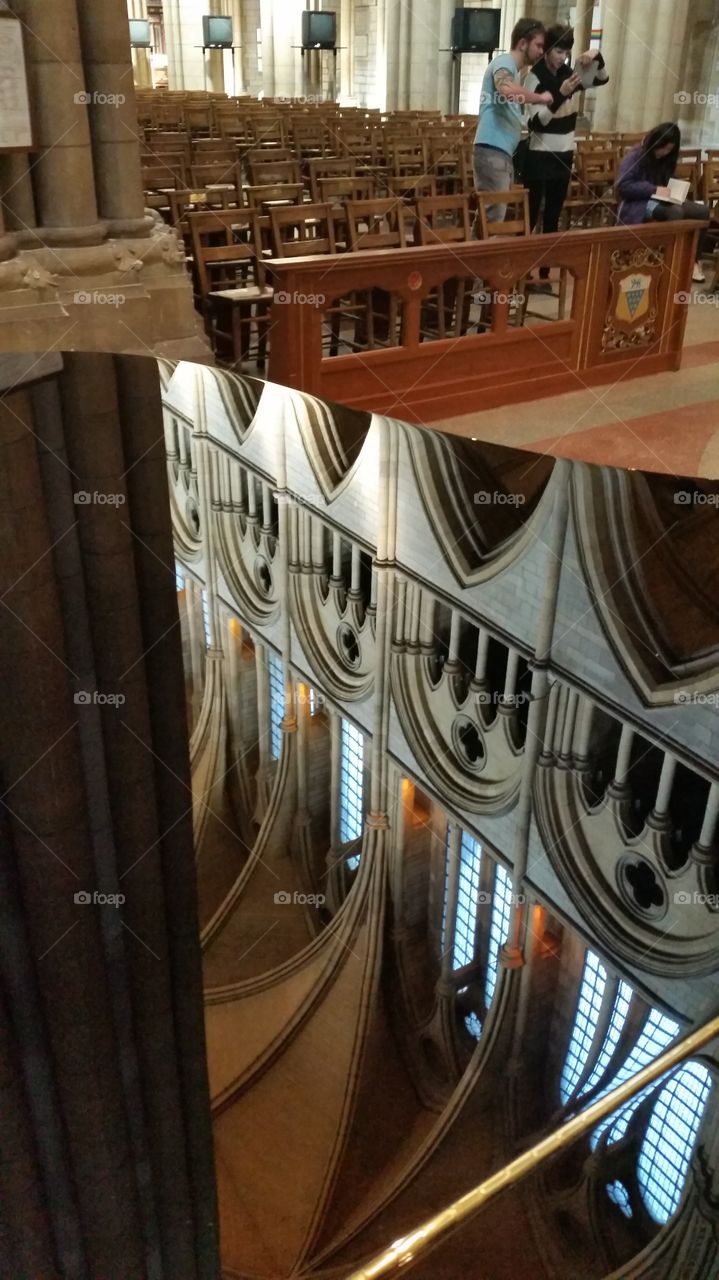 Reflections. Truro Cathedral ceiling reflected in the lid of a grand piano 