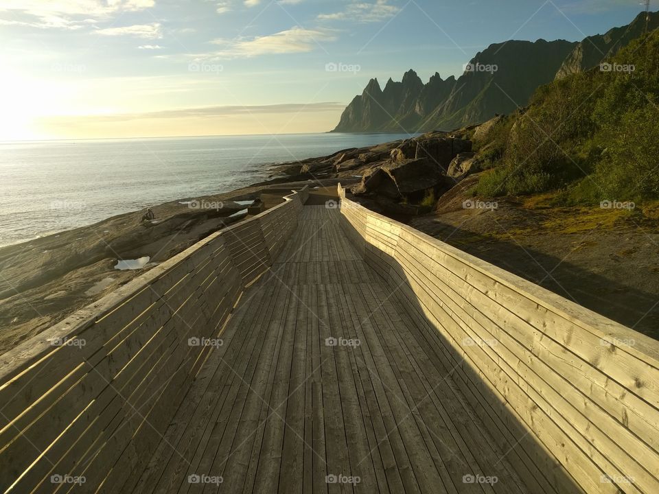 boardwalk towards the fjords of Norway. viewpoint as a part of the national tourist route