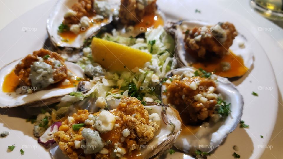 Char grilled buffalo oysters