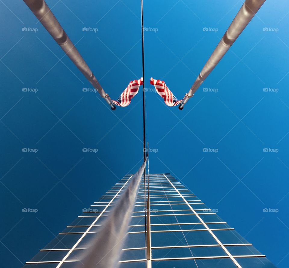 American flag with beautiful architecture 