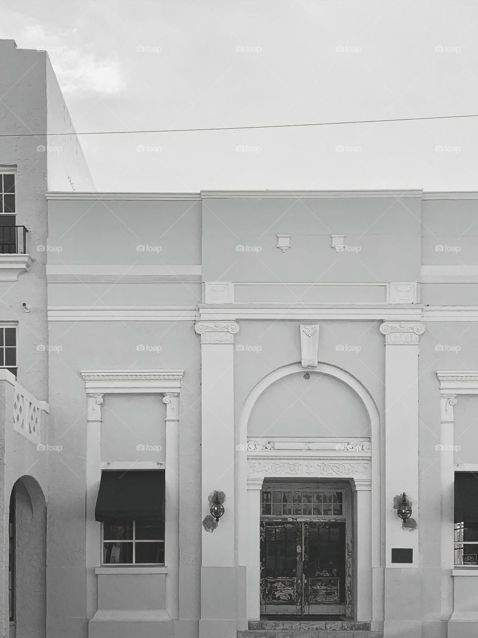 Downtown historical building used for commercial purposes with beautiful architectural look in black and white in central eastern Florida.