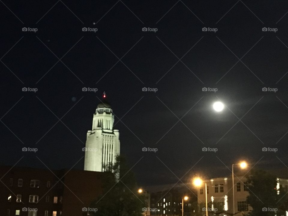 Nebraska State Capitol with moon