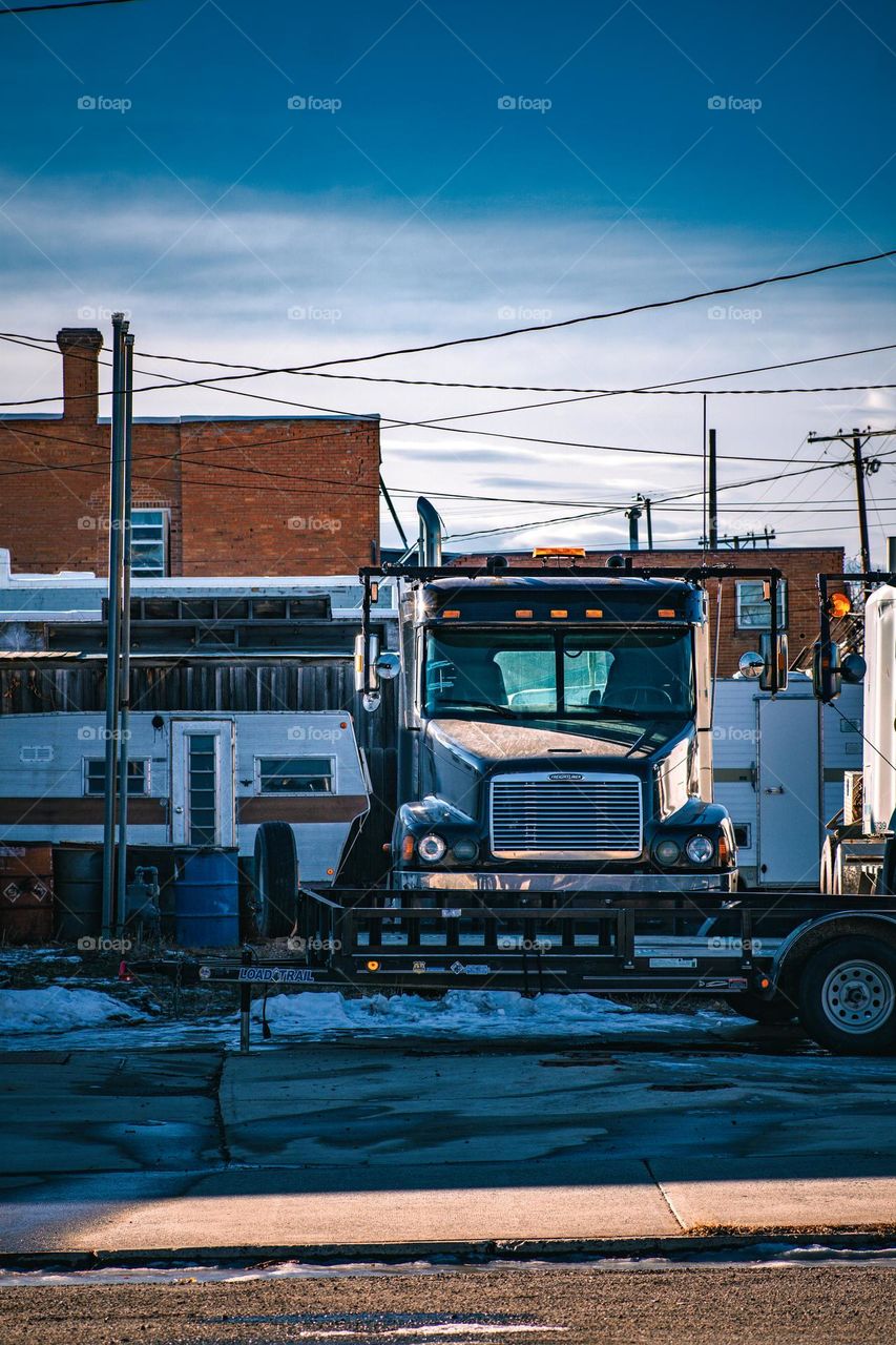 Truck yard in the city.