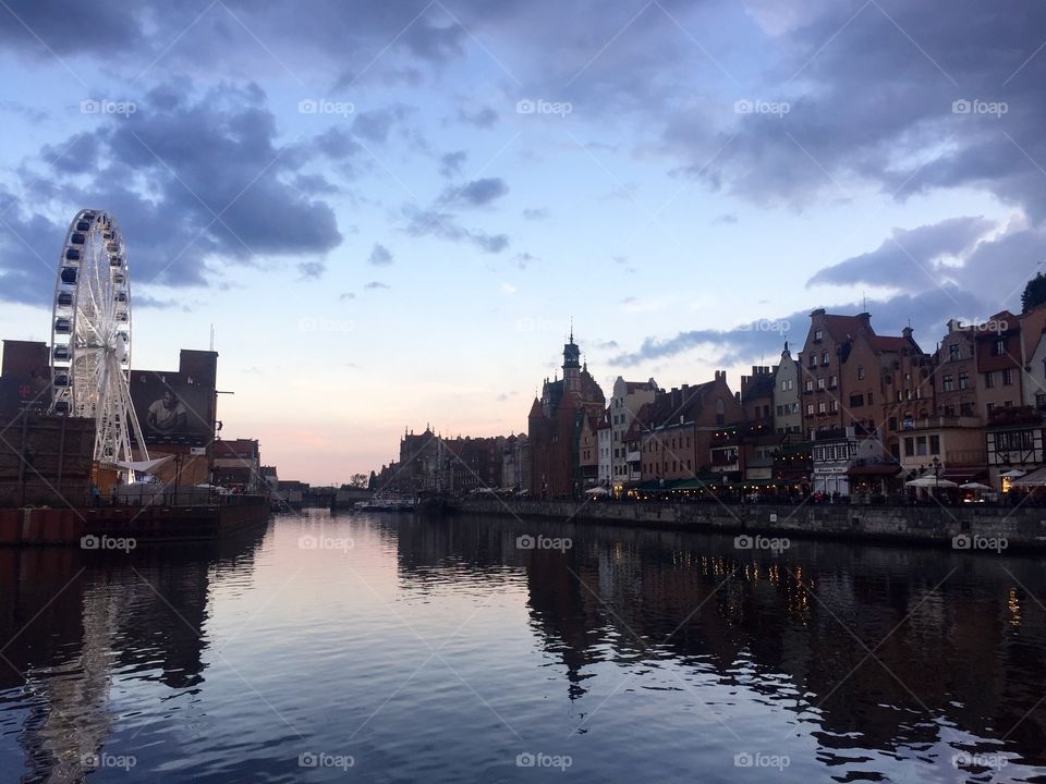 Sunset over Gdansk city canal