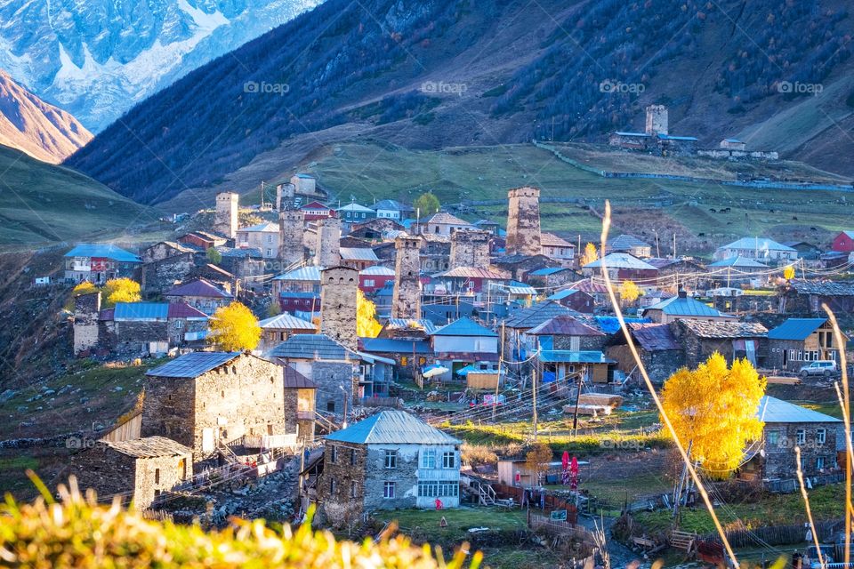 A cute village, land scape of Ushguli in valley at Georgia 