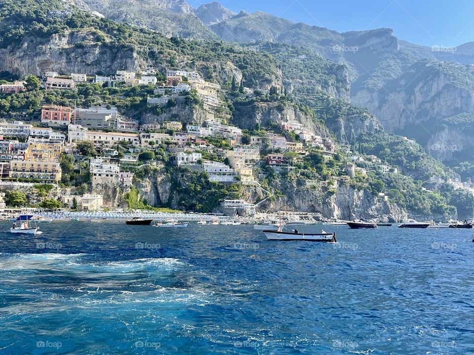 View from the sea to the Positano beach in Italy 