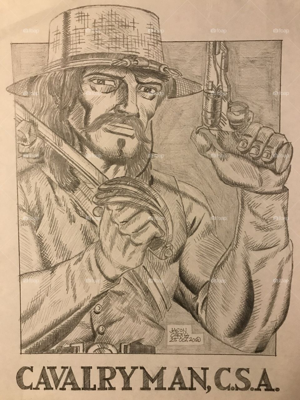 A detailed pencil illustration of an armed Confederate cavalryman from my personal collection of Civil War artwork.