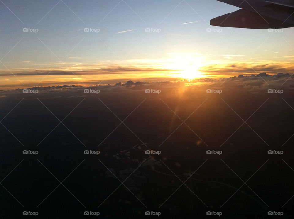 sunset clouds sun airplane by koskon