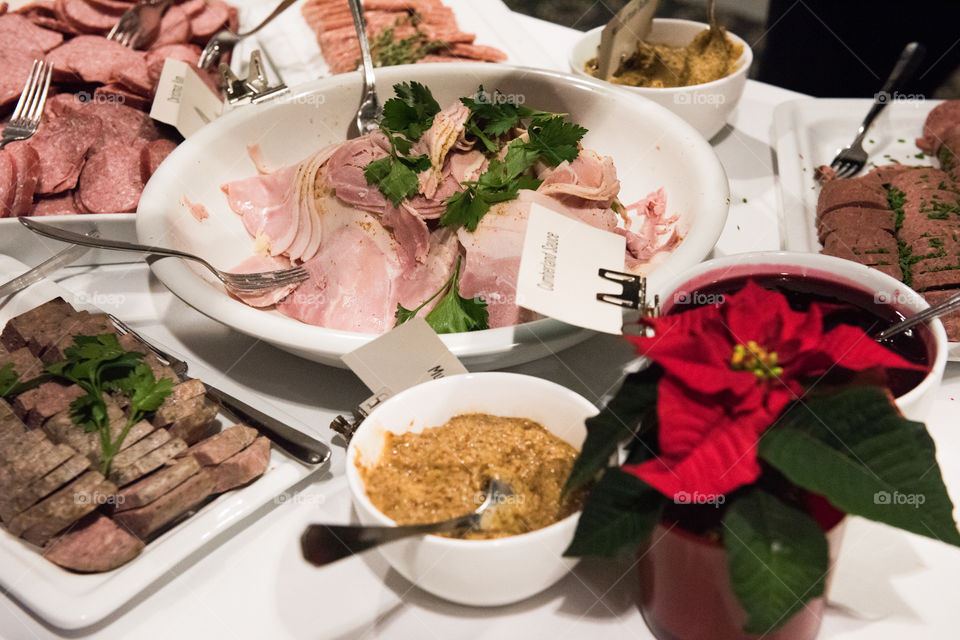 Christmas ham on a christmas buffet. This is one of the dishes that are part of the traditional Swedish Christmas buffet.