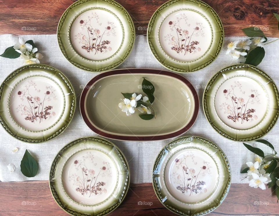 Vintage pottery set of plates with herbal pattern