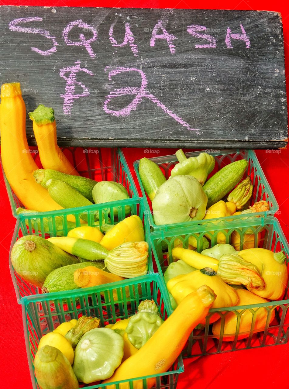 Fresh Summer Vegetables. Summer Squash At An Organic Farmer's Market
