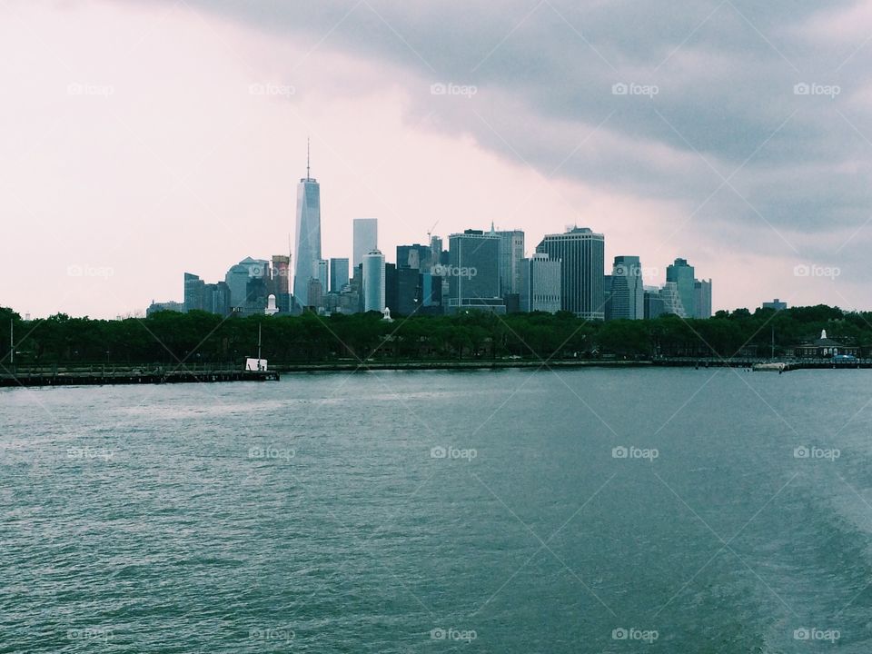 Manhattan skyline. The view from the feet to Staten Island 