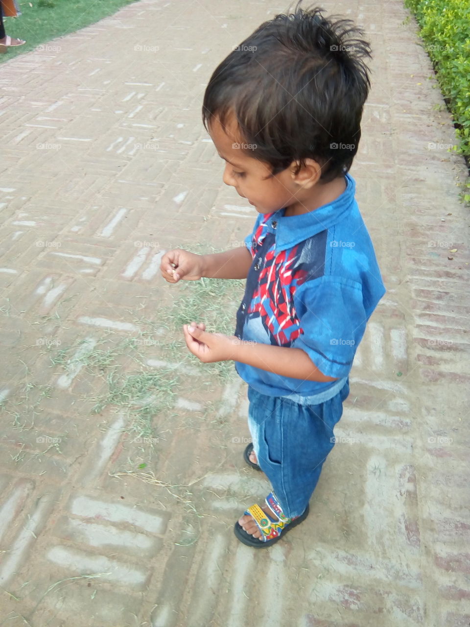 a little boy playing in an ancient fort of Bathinda city- a monument protected by Govt Of India- inner part