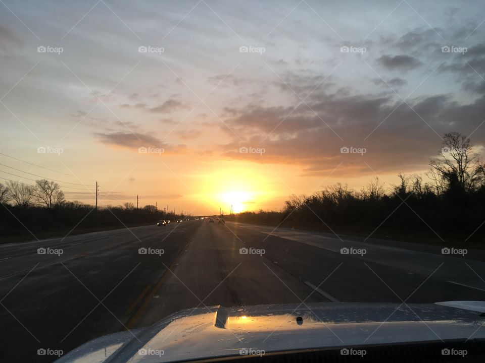 Sunrise on the road. 