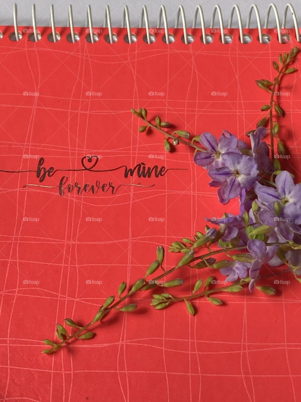 Caderneta de espiral com cor alaranjado e pink bem forte enfeitada com pequenas florzinhas roxas com botões e raminhos. Linda composição.