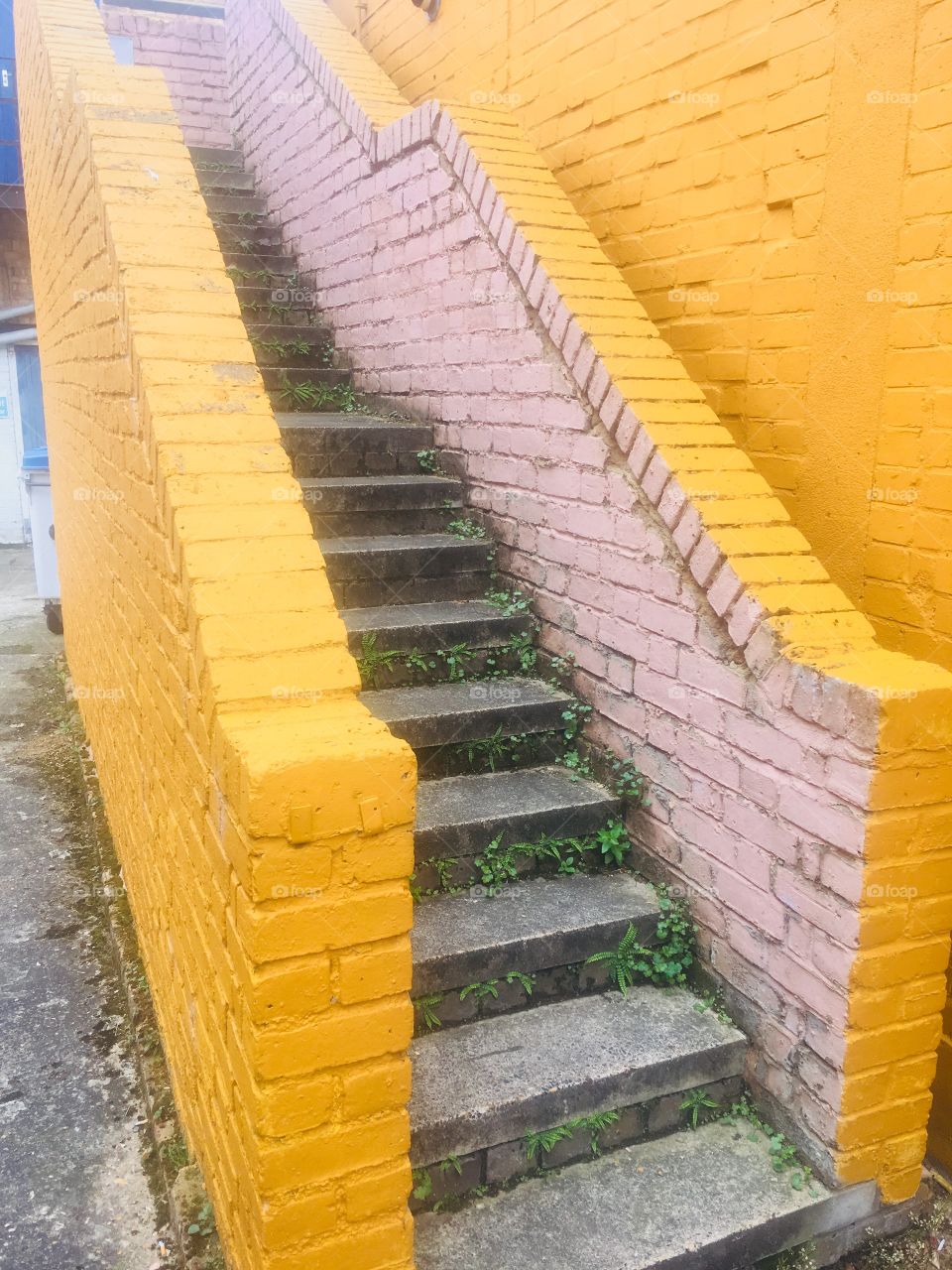 Stairs at the side of the Pump House Theatre and Arts Centre, Watford, Hertfordshire, in Spring.