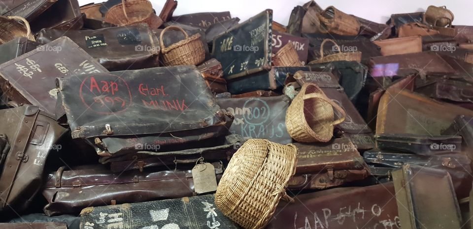 Mountain of suitcases taken from victims of mass genocide at Aushwitz Birkenhau