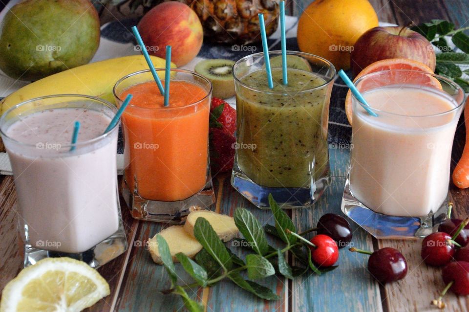 Four smoothies in glass