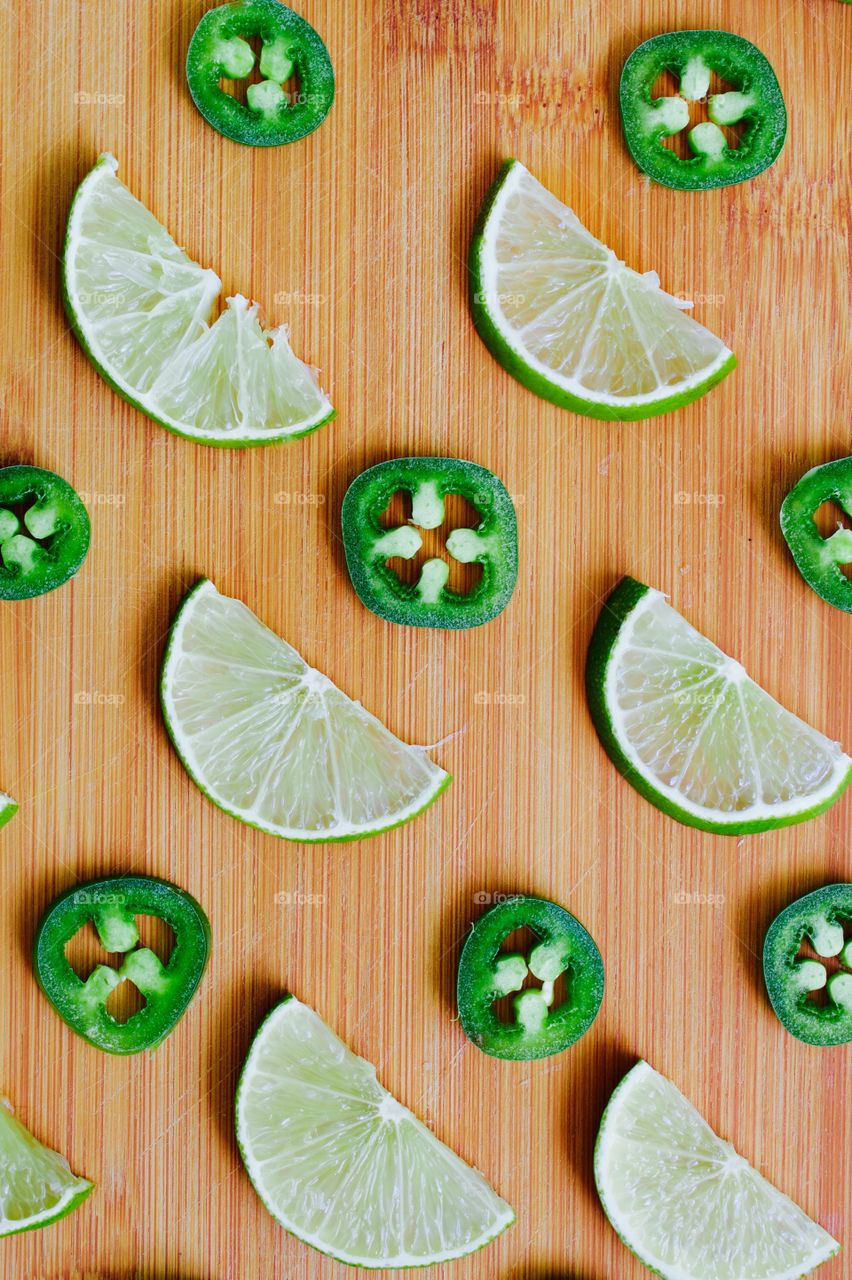 Fruits! - Lime and jalapeño slices on bamboo