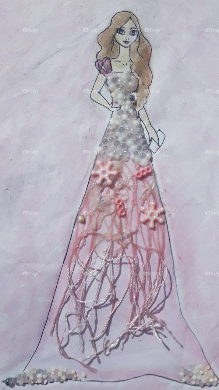 fashion drawings made with silica gel beads and pink threads