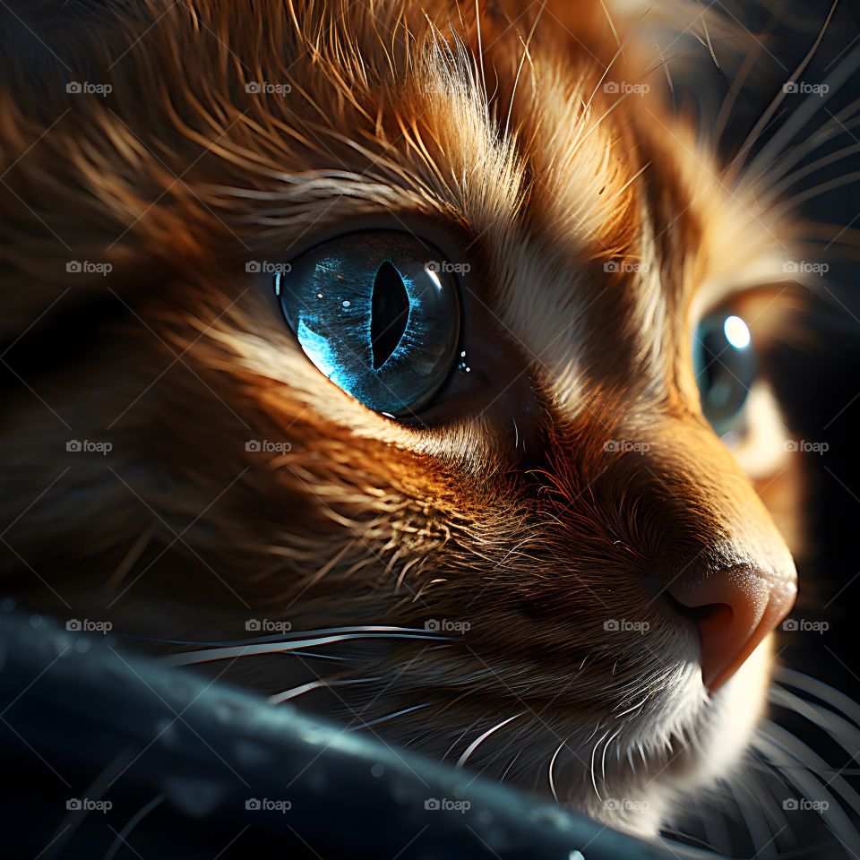 close up of a cat face with round eyes, in the style of vray tracing, photo-realistic techniques