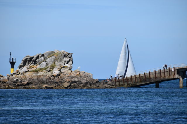 A ship with a sail near  sea and a bridge 