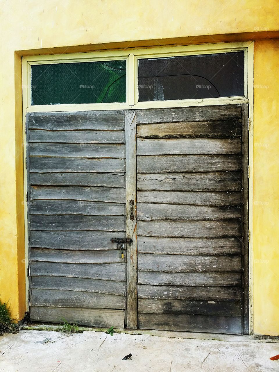 Old wooden door with art orange wall.