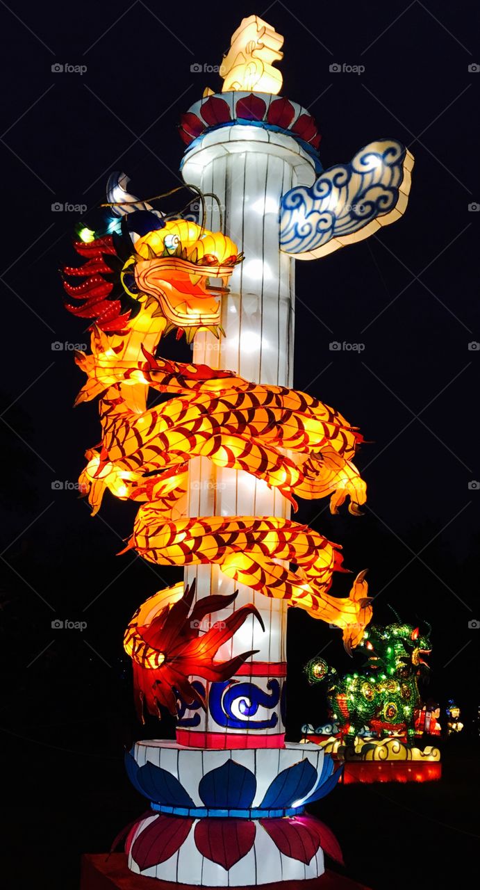 Illuminated dragon pole at night