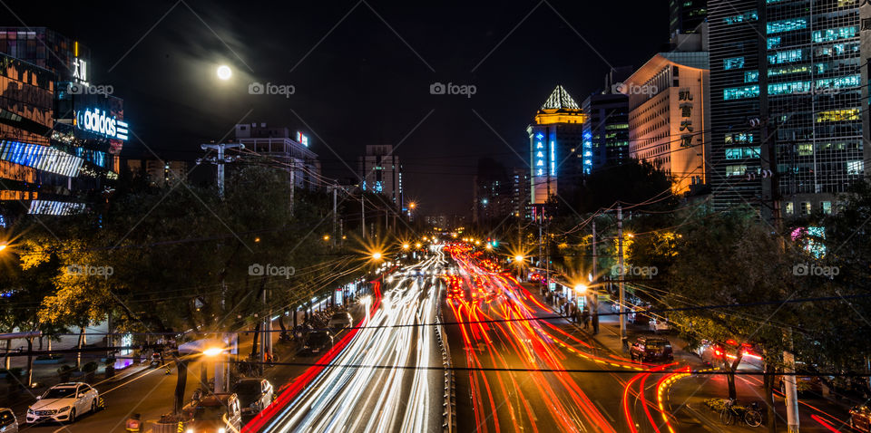 China, Beijing street, traffic, light stripes, rush hour, full moon