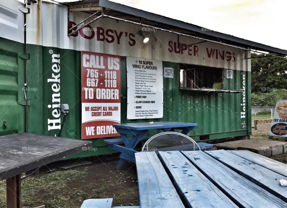 Bobsy's shipping container carry out on St Kitts. Great food!