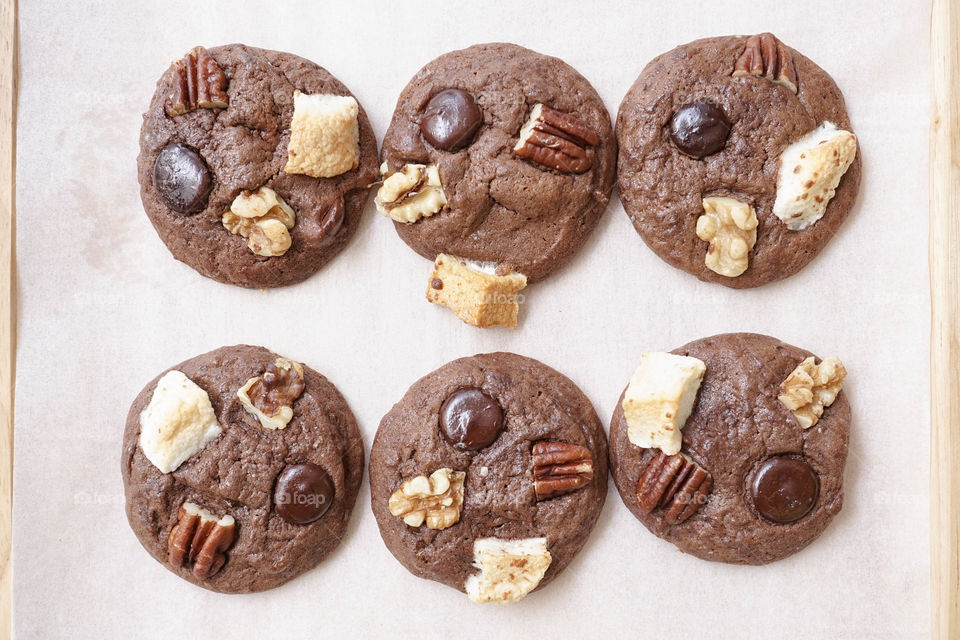 chocolate cookies top view, double chocolate or rocky road cookies