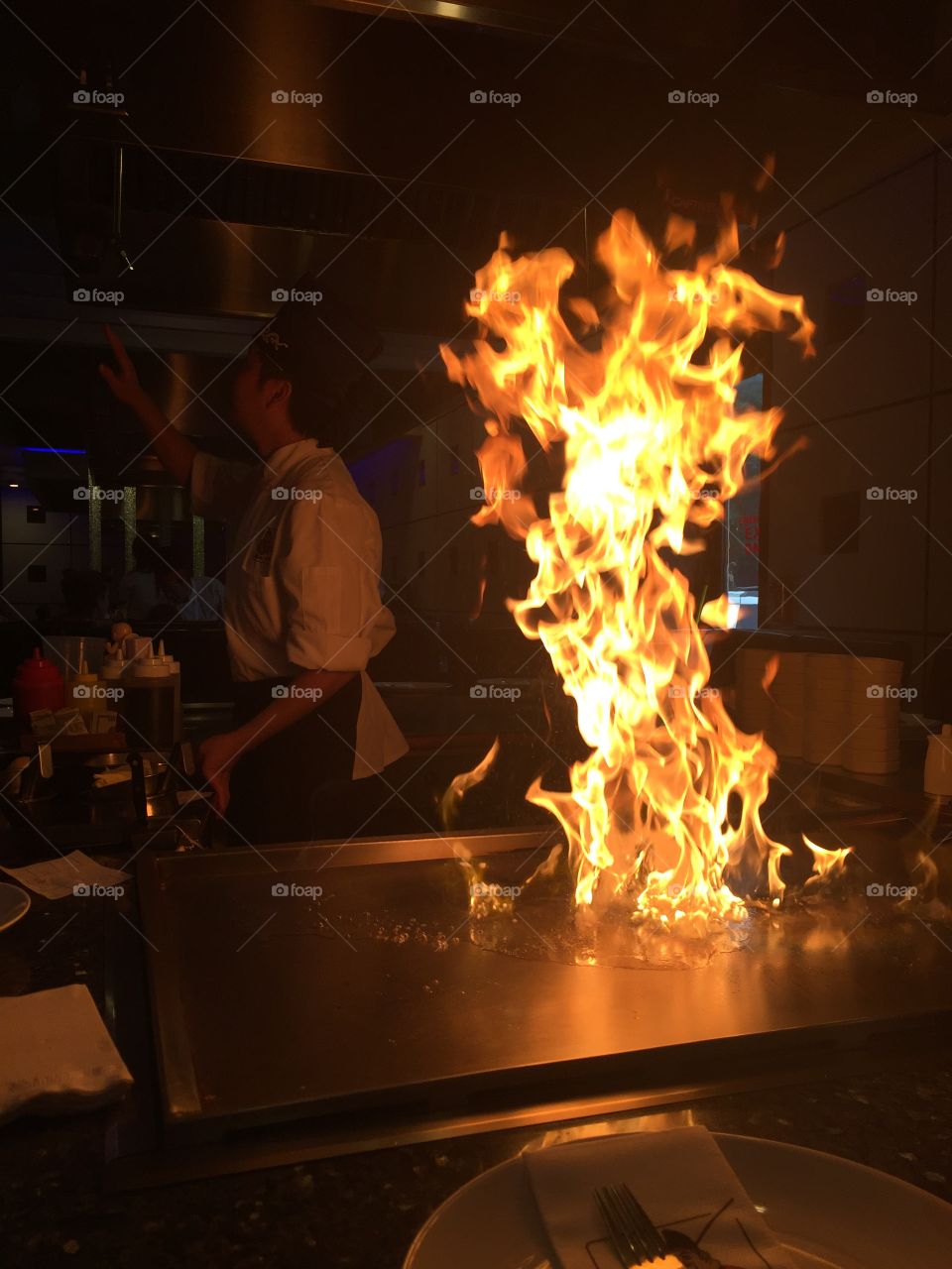 Dramatic fire on a hibachi table