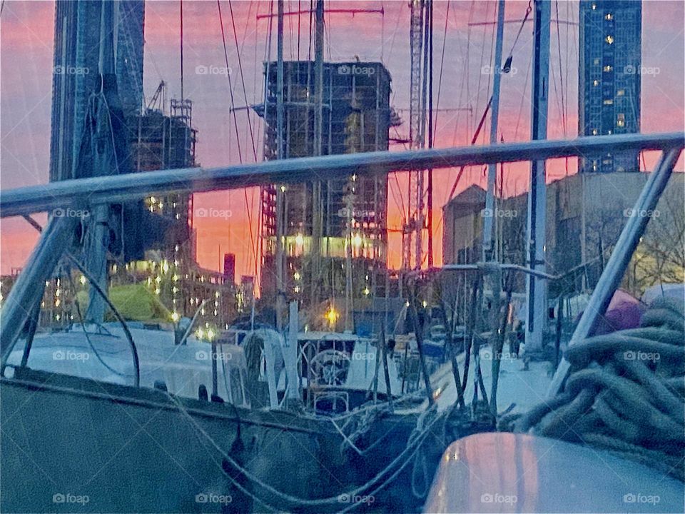 During certain times of the evening the sky takes on beautiful hues of magenta to purple to pink and gives the harbor motif of “Newtown Creek” and its boats a romantic vibe. 2023. Hypnotic Productions