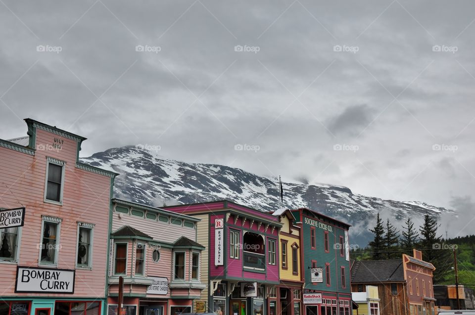 View from town out to snowcapped mountains 