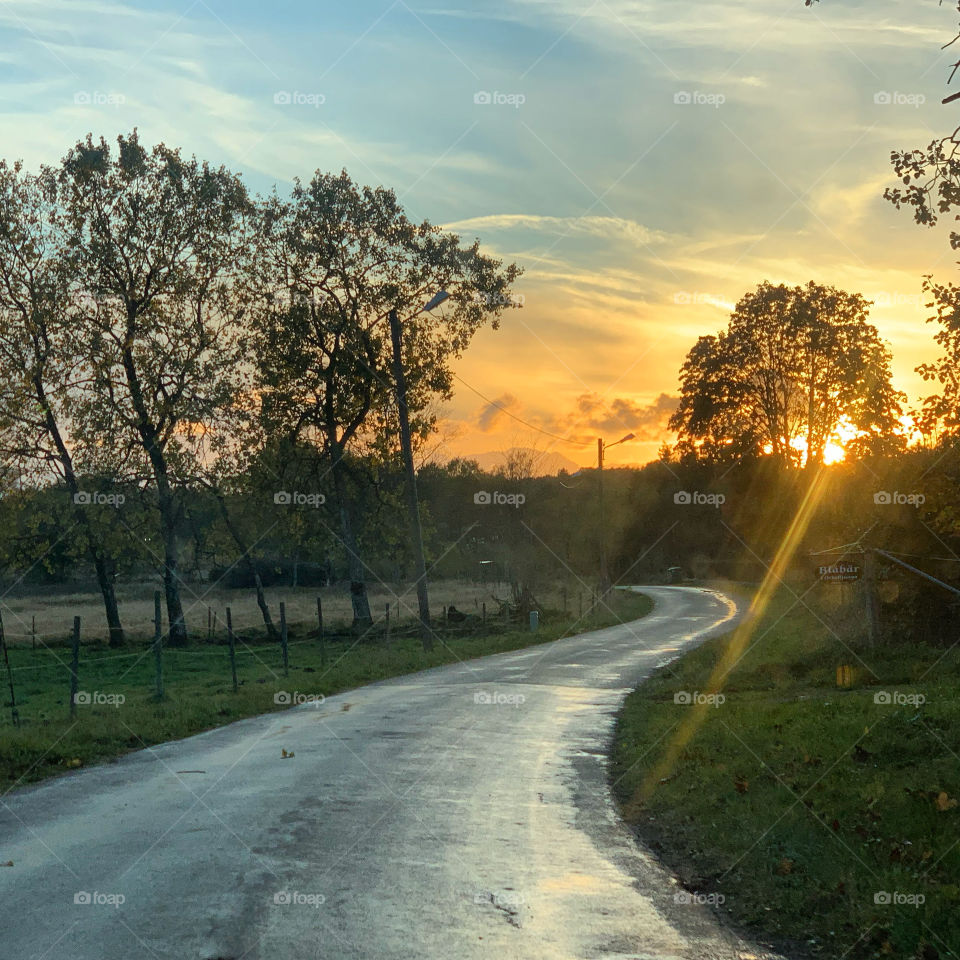 Driving on a wet road towards the sunset 