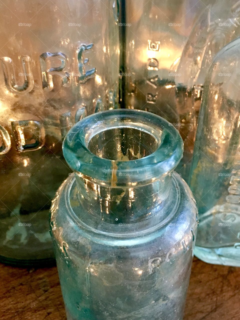 Antique aqua glass bottles