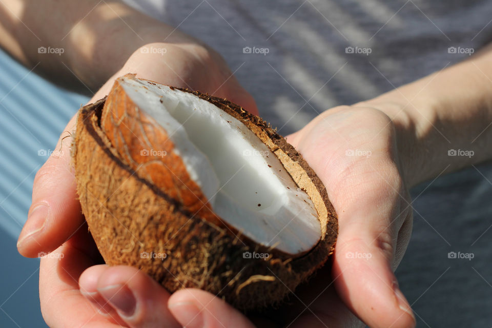 Coconut, fruit, food, hands, still life, abstraction, coconut in hands, cut coconut in hands, whole coconut, broken coconut