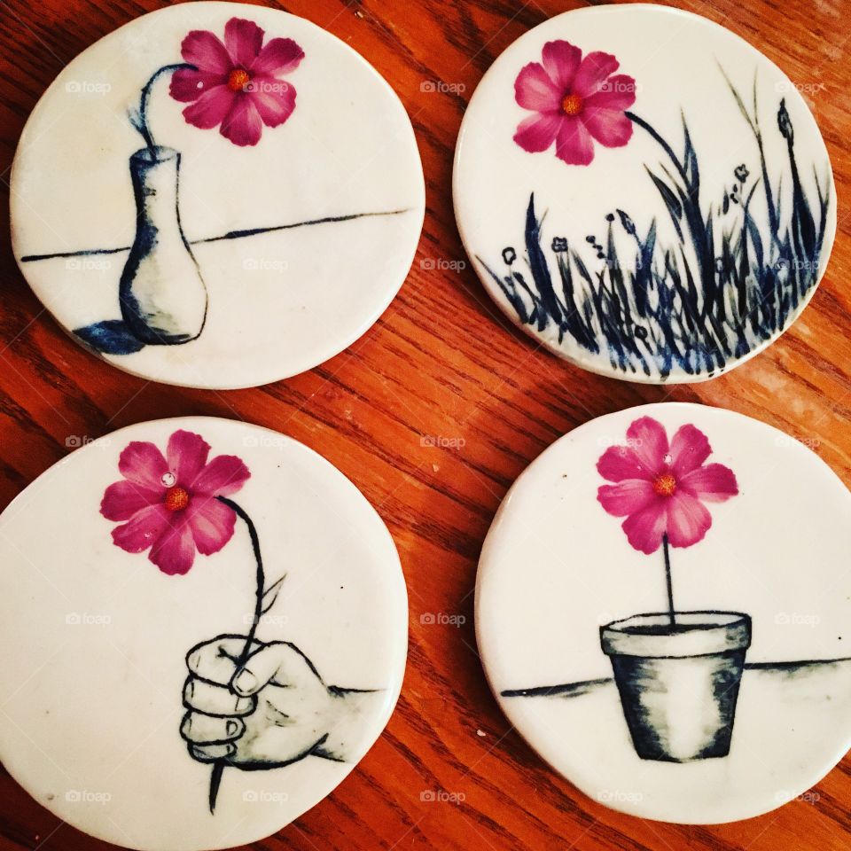 Coasters combining decals with underglaze