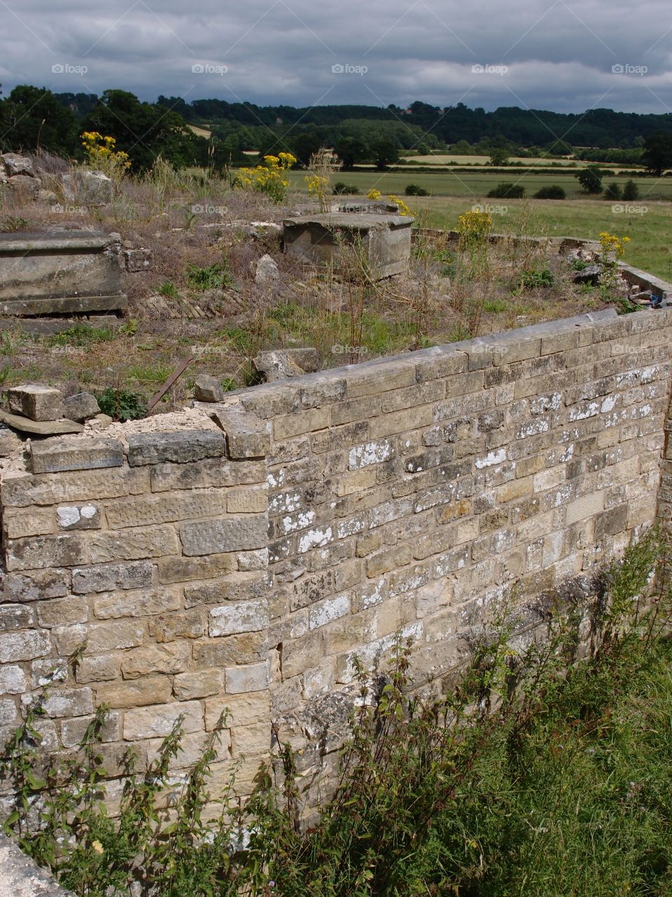 The remains of an old castle on the grounds of Castle Howard in the English countryside. 