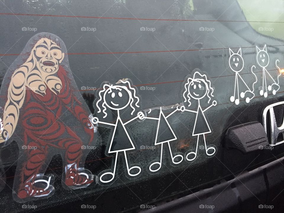 Car stickers can raise some eyebrows when Mom is portrayed as a Sasquatch. Guess its better than one of my kids missing her head!