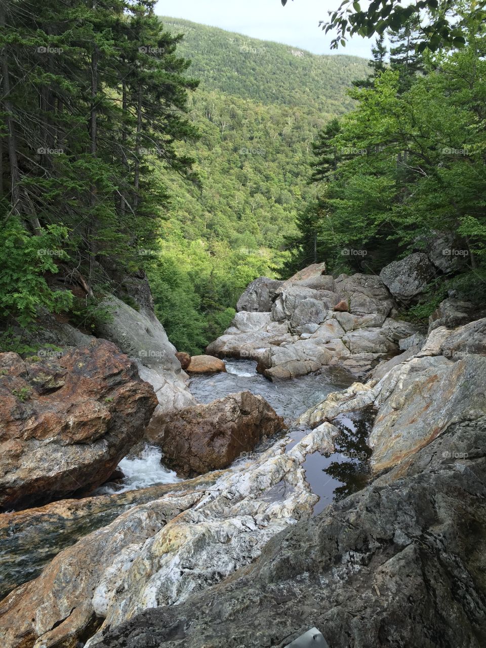 View from top of Mountain waterfall in white mountains of New Hampshire in summer
