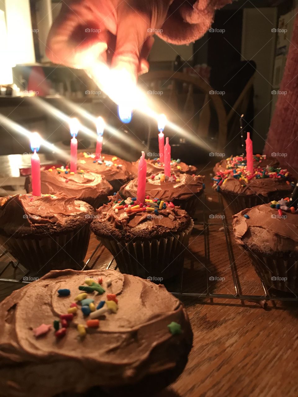 Lighting candles on birthday cupcakes, colorful, chocolate cupcakes with rainbow sprinkles, handmade with love, toddler birthday, birthday party 