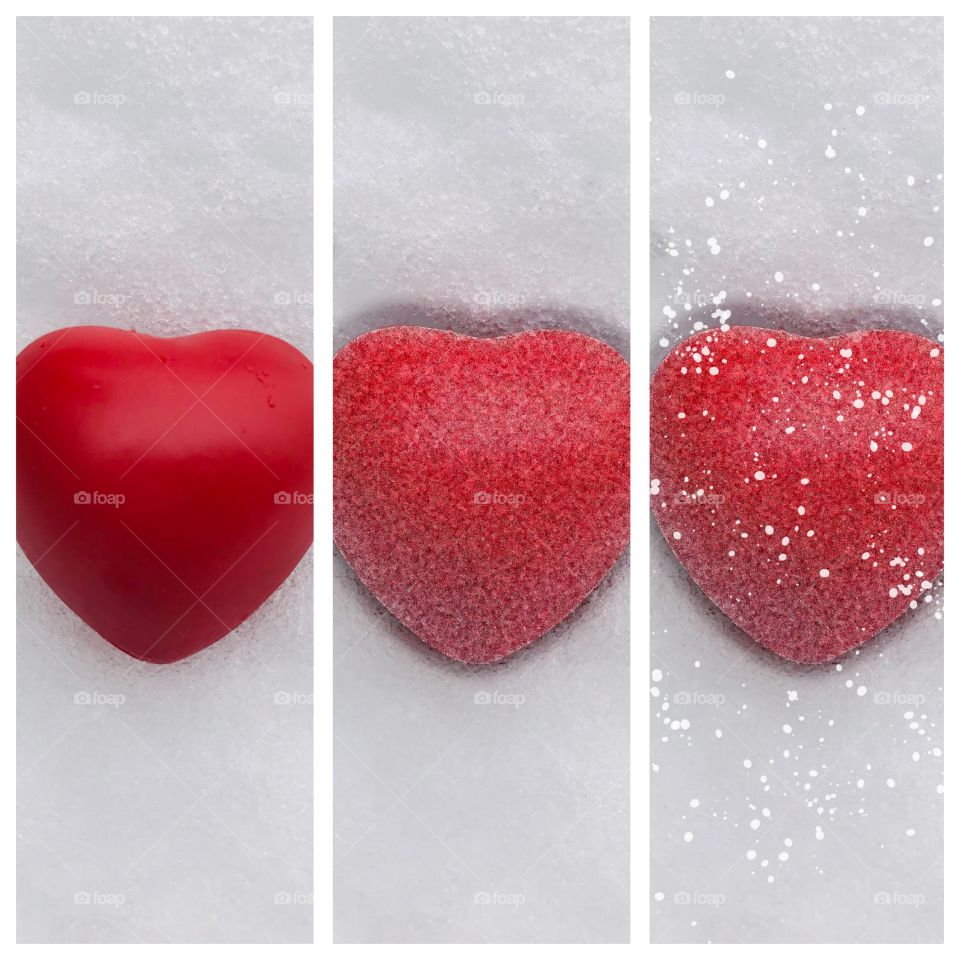 Happy Valentines Day!!! A collage of three hearts. The original rubber heart in the snow, a desktop enhanced glittery heart with a shadow adding depth and the same heart again with my desktop snow machine snow! 