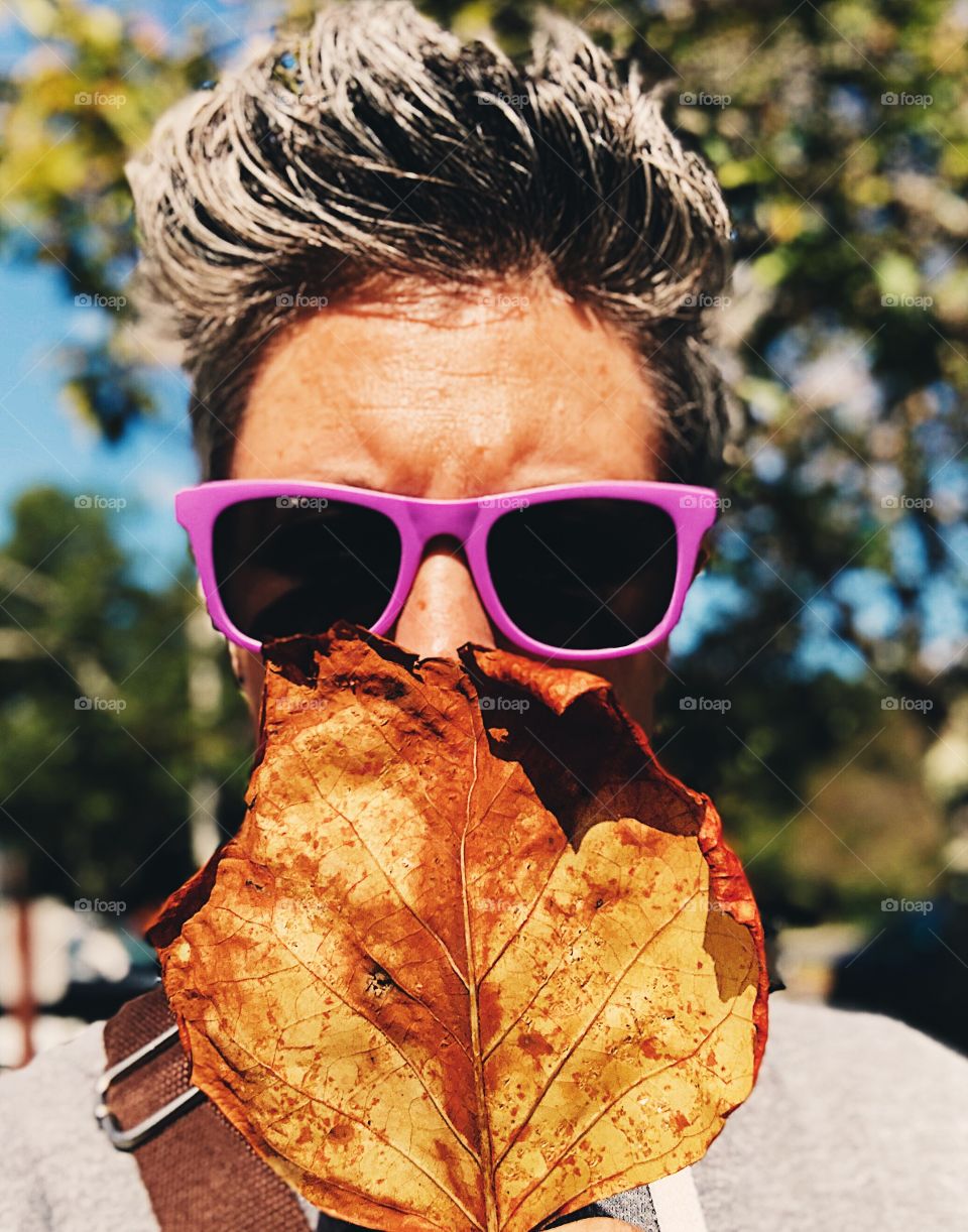 Woman With Fall Leaf, Woman With Autumn Leaves, Large Leaf In Front Of Face, Sunglasses And Leaves, Fall Time Fun, Leaves Changing Color