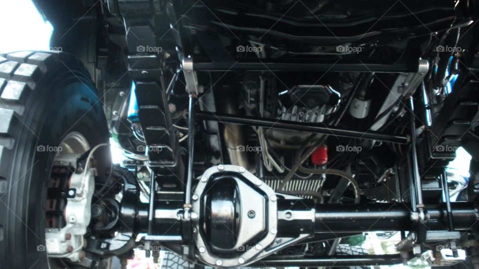 close up of a truck's metal undercarriage