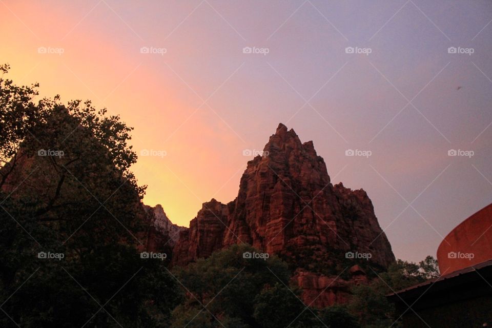 Mount Moroni, named by Mormon settlers, at sunset in Zion National Park during May. 