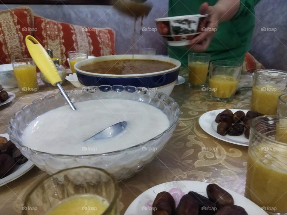 Moroccan table in Ramadan month:  Soup. Date and eggs.