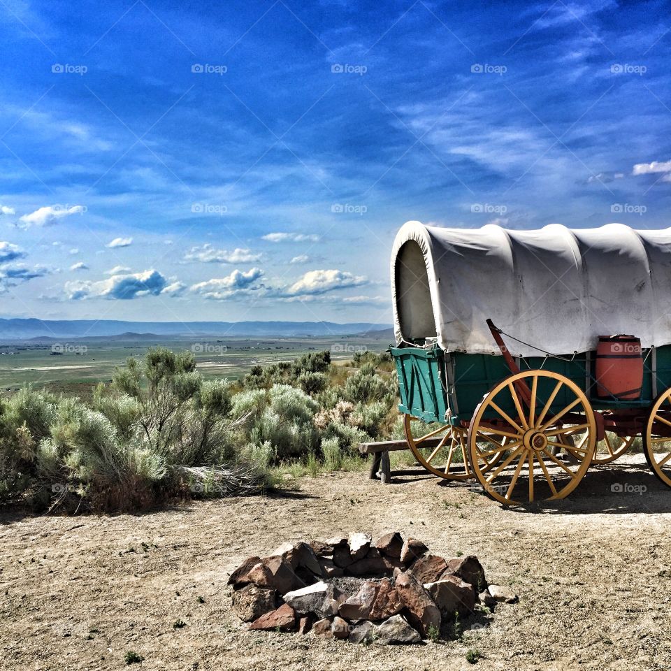 Wagon at an Oregon Trail exhibit. 